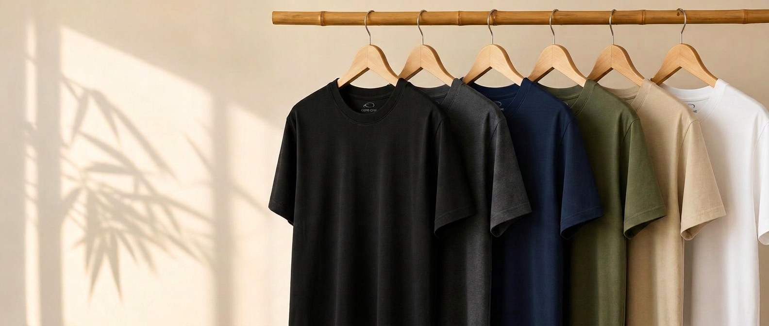 Core One bamboo fiber tees hanging on a bamboo rail in six colorways