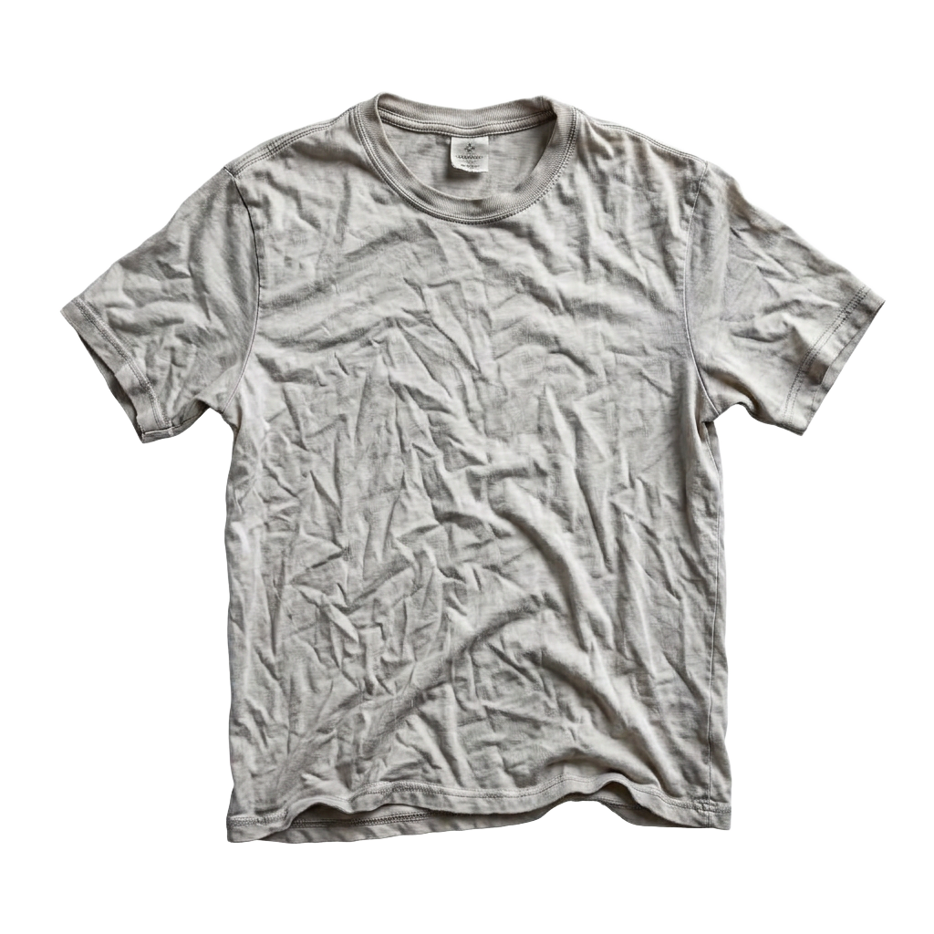 An ordinary cotton t-shirt, creased and stretched out of shape