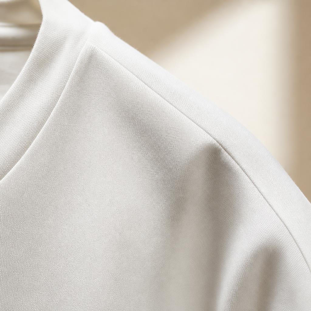 Smooth white Core One bamboo fiber jersey knit at the shoulder seam