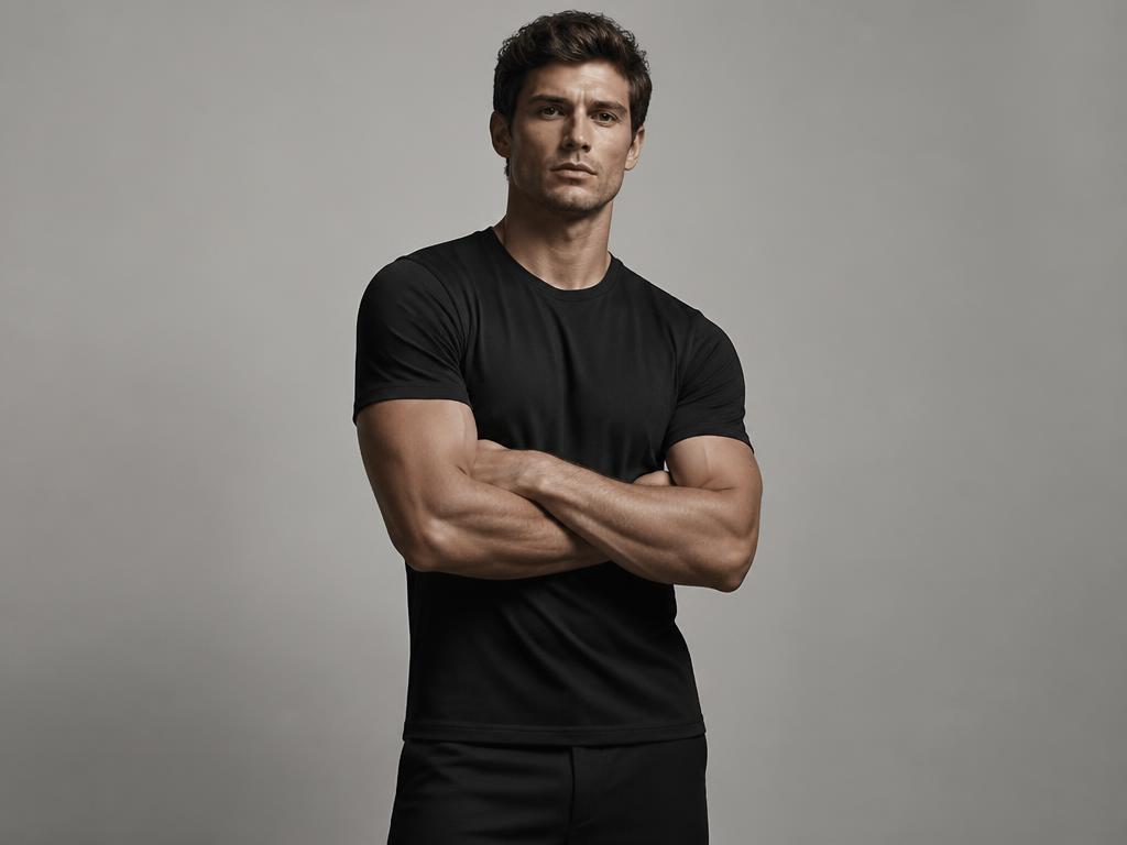Athletic fit model in a Core One black tee