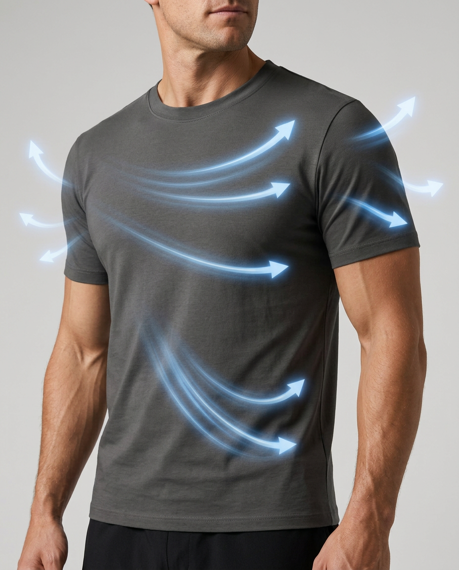 Airflow arrows showing breathability through a bamboo tee