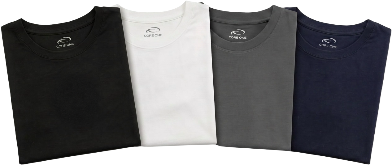 Core One tee lineup in black, white, grey and navy for the 150-wash guarantee